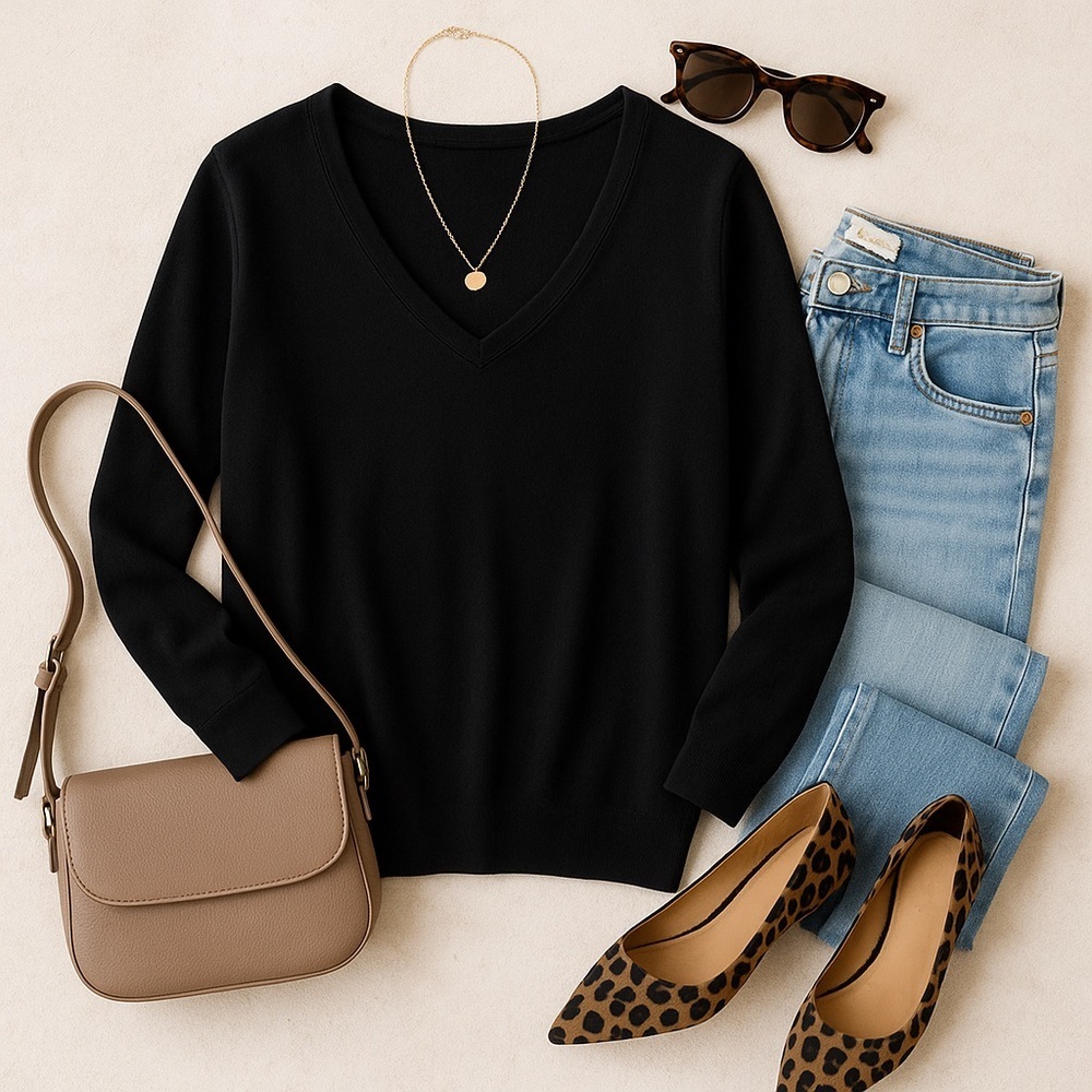Milano Essential Black V-Neck Sweater 1X Plus Size Soft Lightweight Knit - Picture 1 of 10